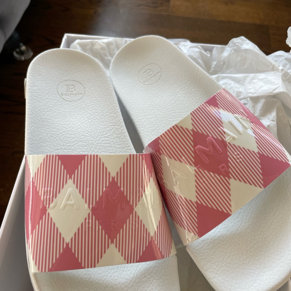 balmain pink sandals slides pool flats sz 38 - Picture 10 of 11